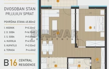 Slika 2 - Dvosoban, 46m2, Dragoljuba Milovanovića Bene Kragujevac, sa terasom, ima lift