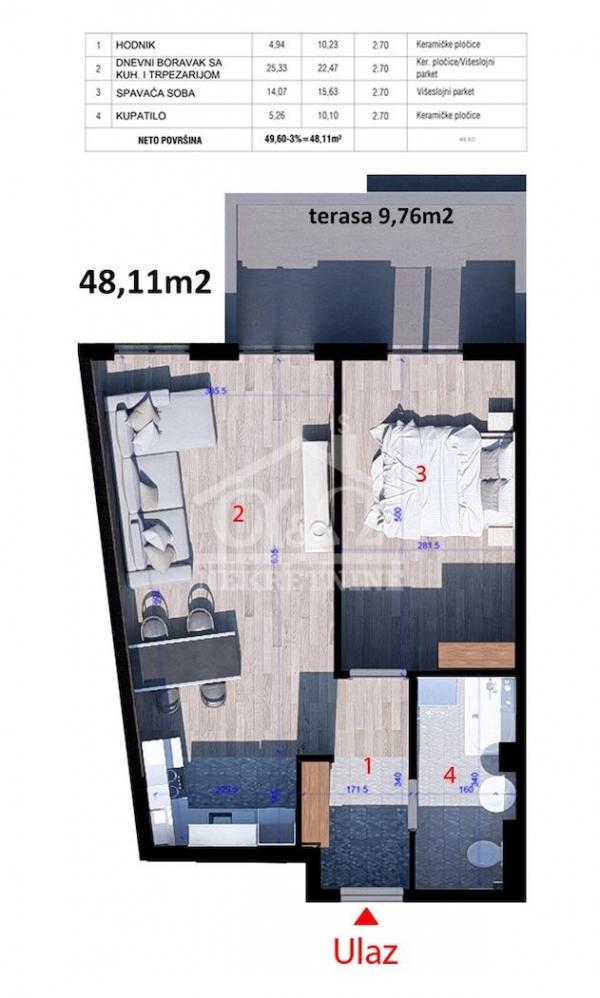 Slika 1 - Jednoiposoban, 48m2, Aerodrom Kragujevac, sa terasom, ima lift