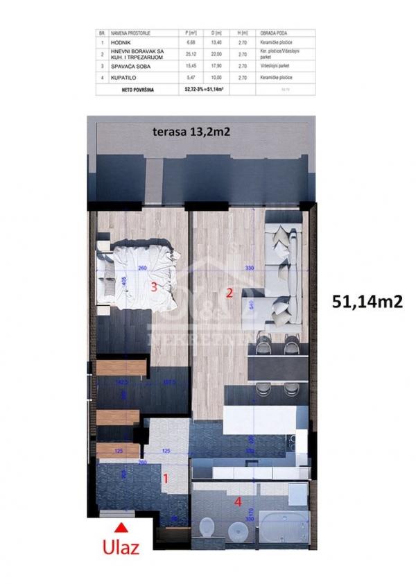 Slika 2 - Jednoiposoban, 48m2, Aerodrom Kragujevac, sa terasom, ima lift