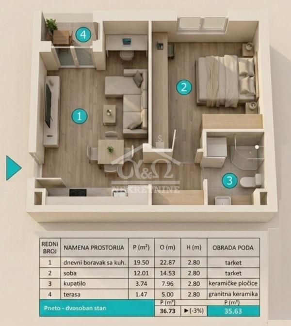 Glavna slika -Jednoiposoban, 35m2, sa terasom, ima lift