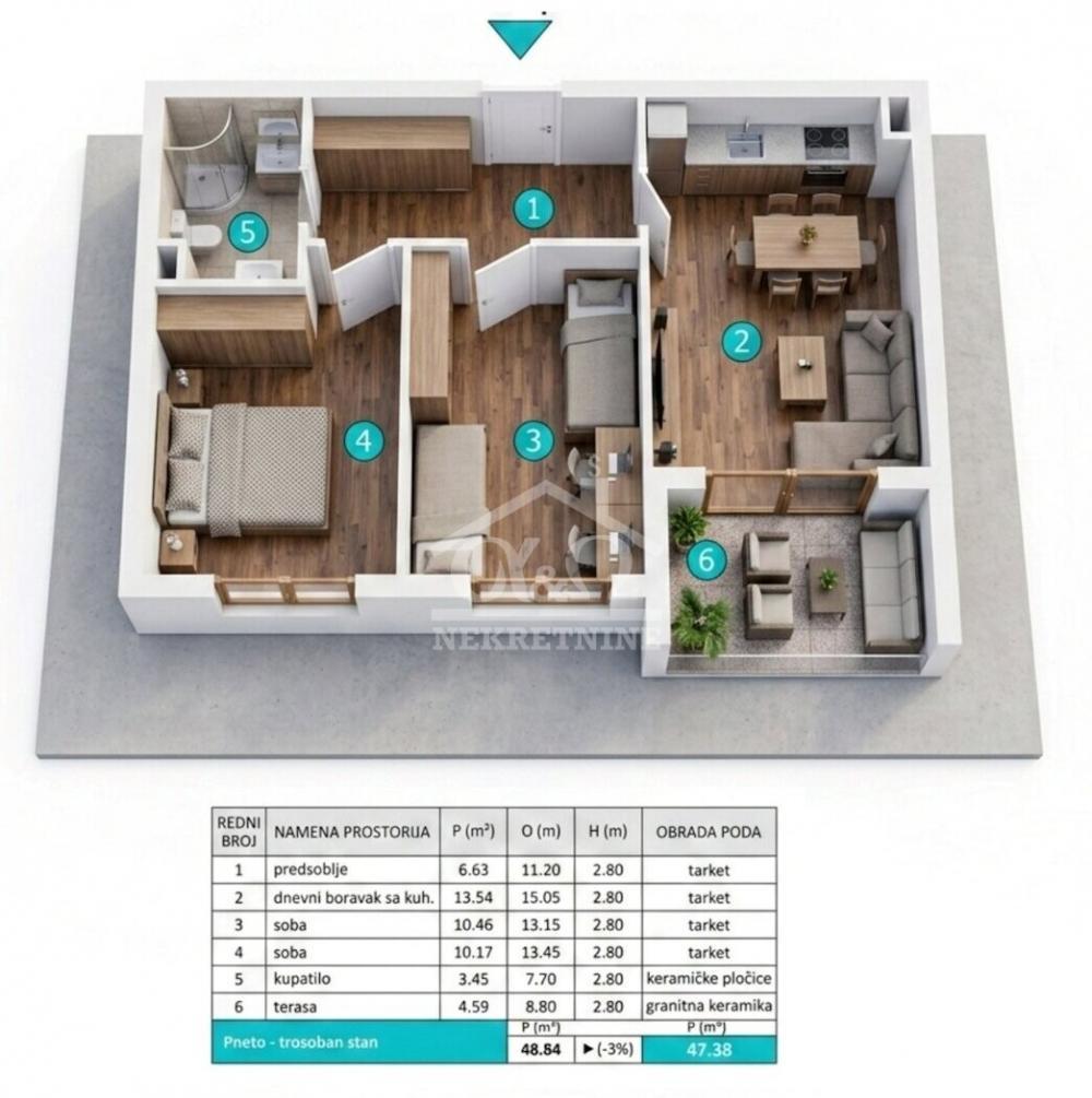 Glavna slika -Dvoiposoban, 47m2, sa terasom, ima lift