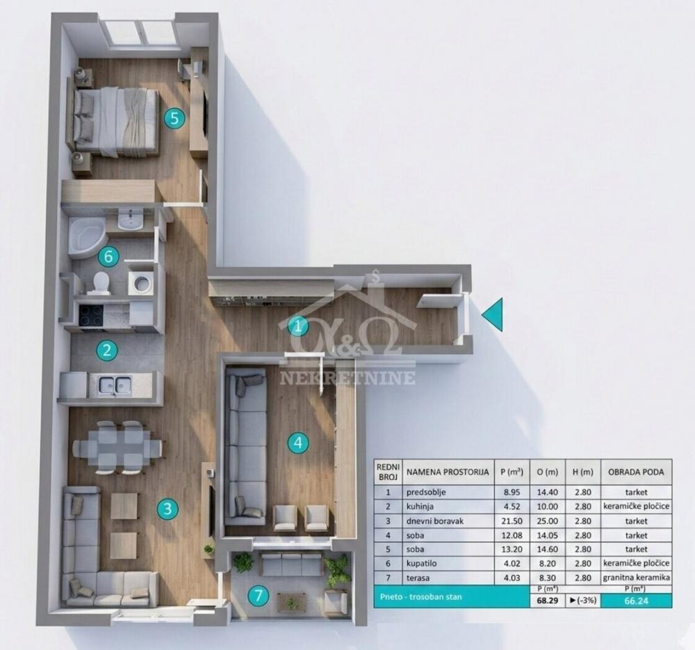 Glavna slika -Trosoban, 66m2, sa terasom, ima lift