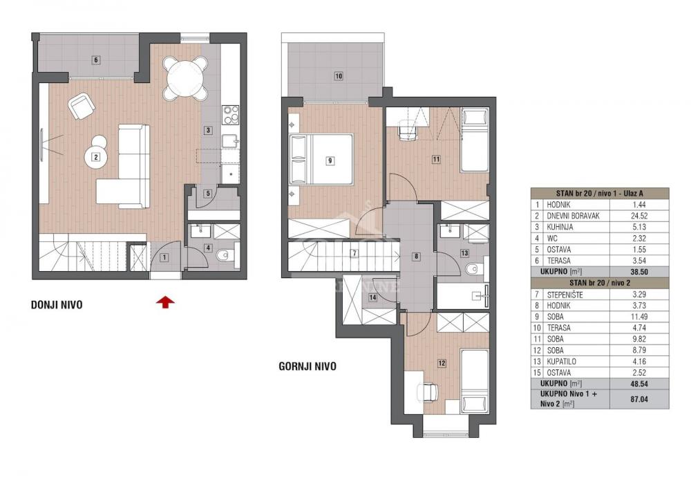 Slika 2 - Troiposoban, 87m2, Bresnica Kragujevac, sa terasom, ima lift