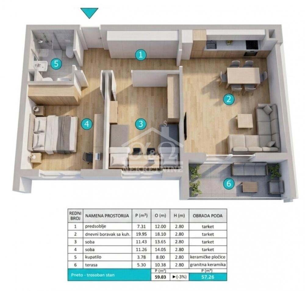 Glavna slika -Dvoiposoban, 57m2, sa terasom, ima lift